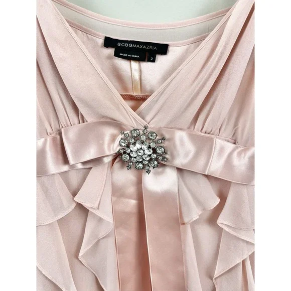 BCBG MAX AZRIA Strappy Dress Cascading Ruffle Silk Fairy Blush Pink Sz 2 - Picture 5 of 11
